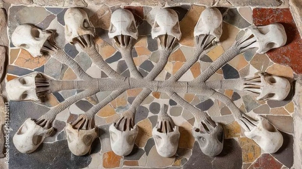 Fototapeta Evolutionary tree with twelve branches ending in anteater skulls against cave art.