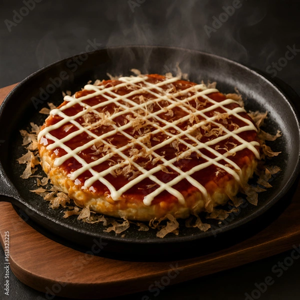 Obraz 熱々のお好み焼きを鉄スキレットで提供｜甘辛ソースとマヨネーズの網掛けが光る黄金色の表面、かつお節が踊る香ばしい関西風粉もの料理｜木製ボードに乗せて