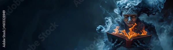 Fototapeta Elemental Sorcerer with Flaming Book Banner