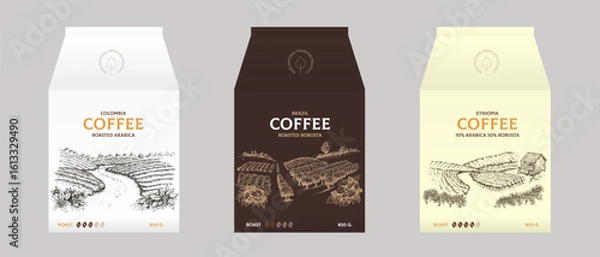 Obraz Set vector design templates for design coffee package. Collection mockup for branding drink product with hand draw illustration.