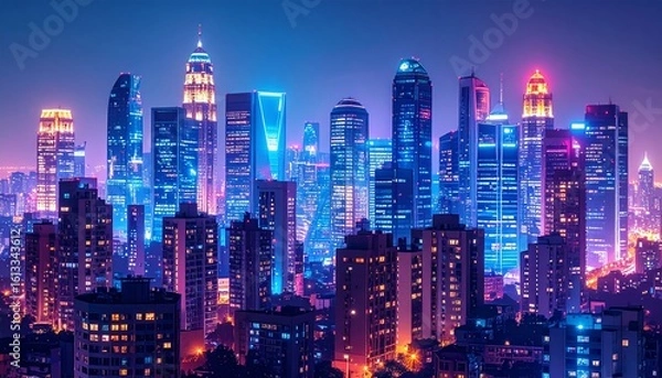 Fototapeta Nighttime city skyline with glowing windows and streetlights