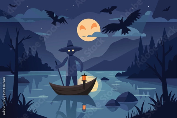 Obraz Spooky Boat Ride Under Full Moon Vector
