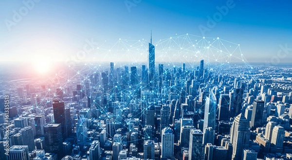 Fototapeta スマートシティのネットワーク 空からの都市とデータ接続