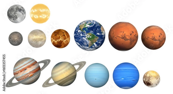 Fototapeta Eleven distinct celestial bodies including fiery Sun, blue Earth, ringed Saturn, and cratered Moon, each with detailed textures and precise colors, arranged in two rows on a white background,
