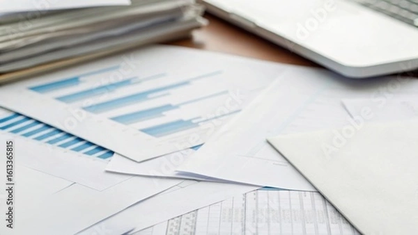 Fototapeta Scattered documents and reports with graphs and charts alongside a laptop, indicating a busy workspace or financial analysis.