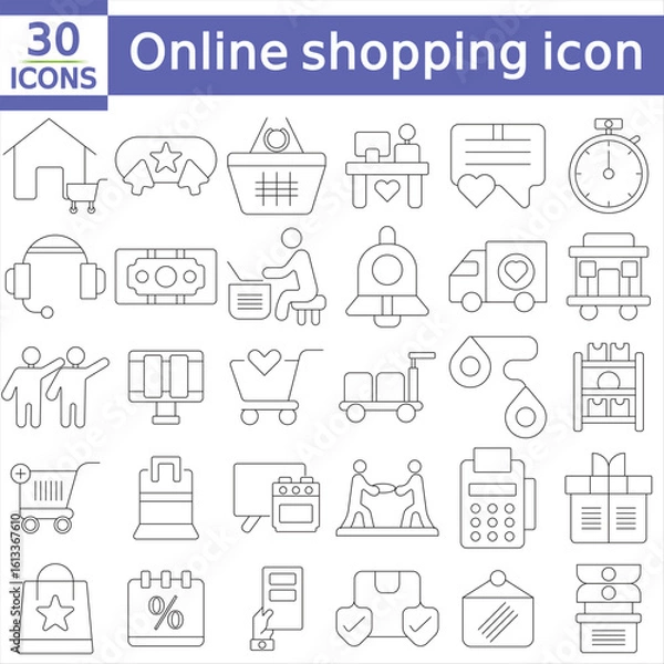 Fototapeta Online shopping icon set. E-commerce related line icons mobile shop, shopping cart, delivery, payment, customer service, price, sale, promotion and more.