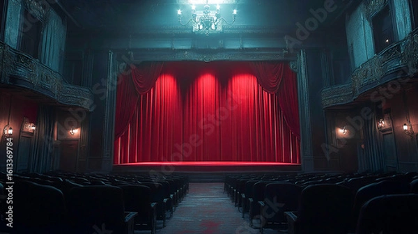 Obraz Presenting a dimly lit empty movie theater and stage, with red curtains drawn, observed from the rear over rows of unoccupied seats