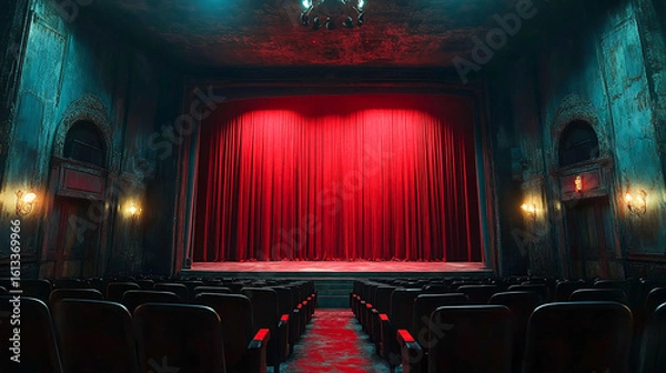Obraz Presenting a dimly lit empty movie theater and stage, with red curtains drawn, observed from the rear over rows of unoccupied seats