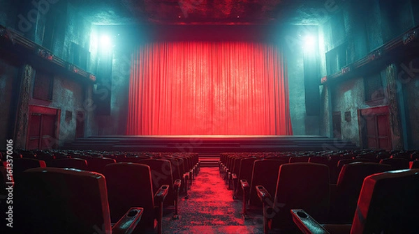 Obraz Presenting a dimly lit empty movie theater and stage, with red curtains drawn, observed from the rear over rows of unoccupied seats