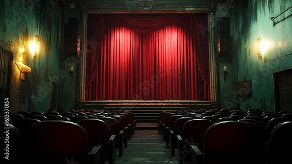 Obraz Presenting a dimly lit empty movie theater and stage, with red curtains drawn, observed from the rear over rows of unoccupied seats