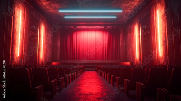 Obraz Presenting a dimly lit empty movie theater and stage, with red curtains drawn, observed from the rear over rows of unoccupied seats