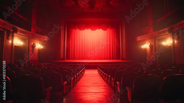 Obraz Presenting a dimly lit empty movie theater and stage, with red curtains drawn, observed from the rear over rows of unoccupied seats