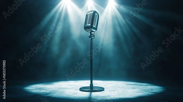 Obraz Realistic vector metallic microphone stands are positioned on an empty round white stage illuminated by white beams of spotlights isolated on a dark background This serves as a template