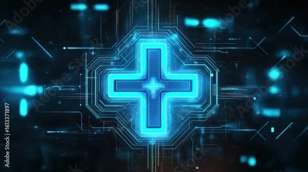 Fototapeta A digital lock symbol glowing with neon blue lights against a dark, high-tech background.