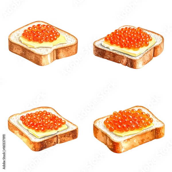 Obraz Set of toasted bread slices with butter and red caviar on transparent background
