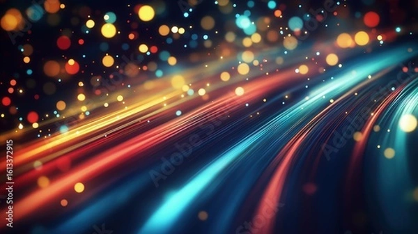 Fototapeta A dynamic burst of light streaks, blending vibrant hues of red, blue, yellow, and green, set against a dark backdrop. .