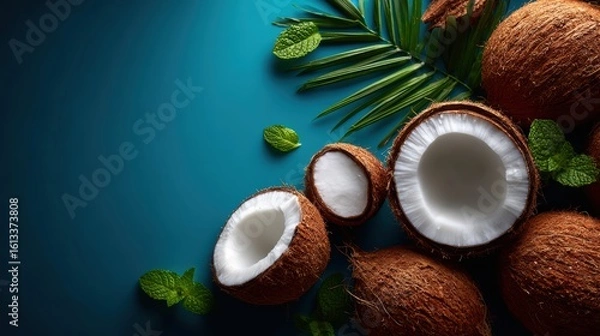 Fototapeta Fresh coconuts on blue blurred background