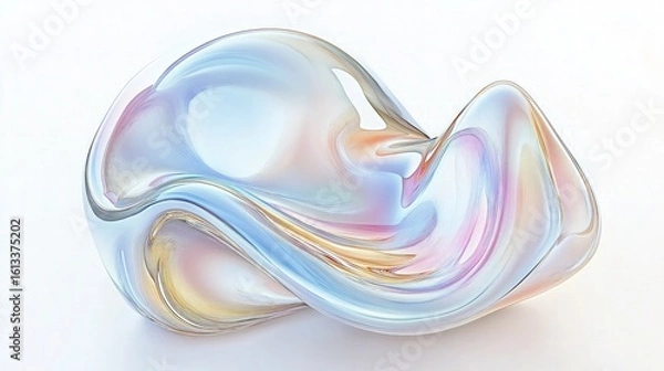 Fototapeta A fluid, shimmering shape resembling a bubble or droplet, with iridescent reflections in pale hues of blue, pink, and gold. 