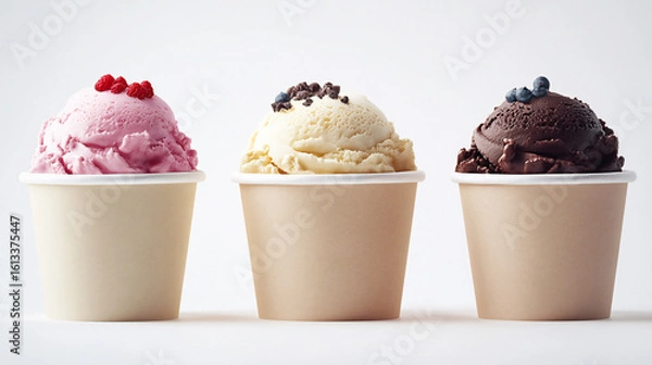 Obraz Mockup collection of strawberry vanilla and chocolate soft serve ice cream in blank paper cup packaging templates isolated on a white background