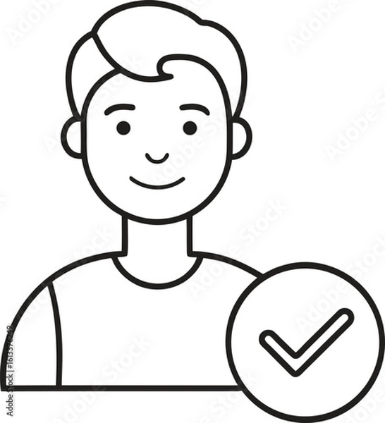 Obraz Black and white outline icon of a smiling person with a checkmark user profile