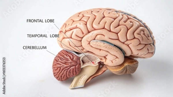 Fototapeta Human Brain Anatomical Model concept Detailed anatomical model of a human brain showing various lobes and structures.