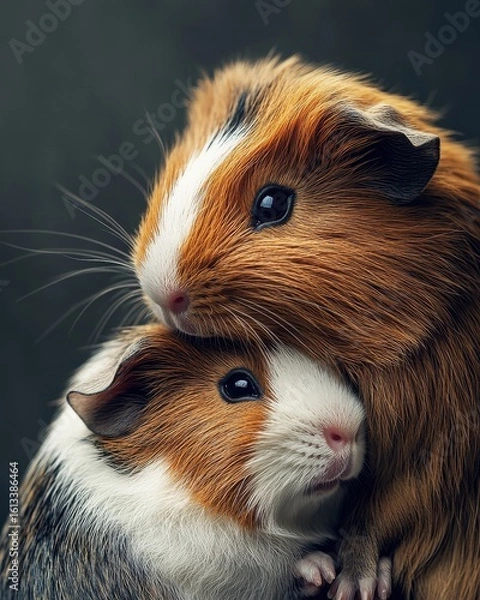 Fototapeta Two adorable guinea pigs snuggling together, showcasing their fluffy fur and bright eyes in a cozy setting.