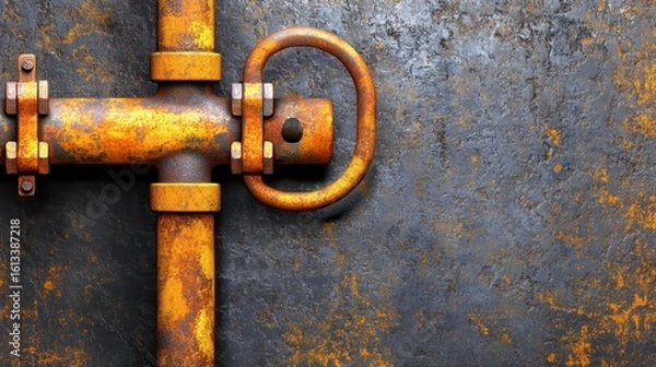 Fototapeta Rusty Industrial Pipe with Orange Patina on Metallic Background