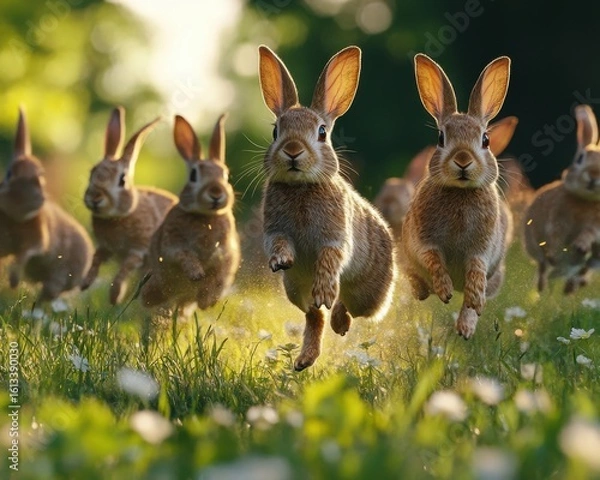 Fototapeta A lively group of rabbits bounding through a sunlit meadow dotted with wildflowers.