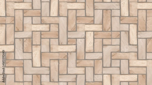 Fototapeta A seamless pattern of beige and brown bricks arranged in a herringbone style on a flat surface view