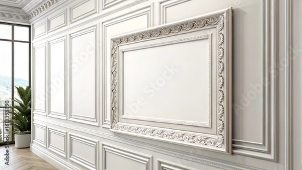 Obraz Luxurious white-on-white wall mockup featuring a decorative blank frame on paneled walls for premium styling