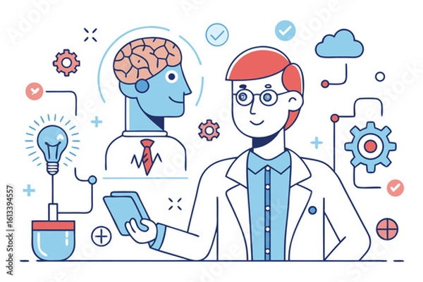Fototapeta A conceptual illustration of a scientist exploring neural networks and the power of innovative scientific thought processes.