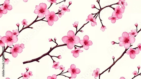 Fototapeta A seamless pattern of pink cherry blossoms on branches against a white background in a watercolor style