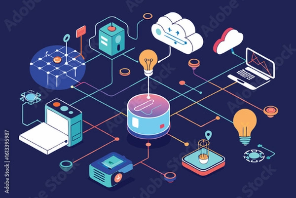 Fototapeta Modern isometric illustration representing data processing and cloud computing technology connections on a deep blue background