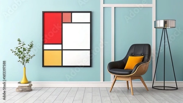 Obraz Modern wall art display replacing a bold color-blocked piece with a blank canvas in a sleek frame, paired with colorful minimalist decor