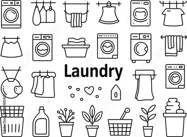 Fototapeta A collection of laundry related icons including washing machines and plants line art