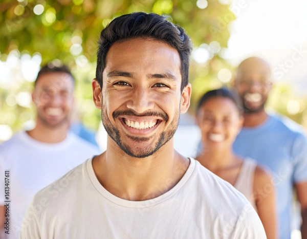 Fototapeta Four casually dressed friends stand together in a sunlit park, surrounded by lush greenery and trees. Capturing a moment of connection and natural light, the image evokes warmth and togetherness
