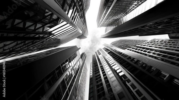 Fototapeta A perspective shot of skyscrapers converging into the sky, creating an abstract geometric pattern