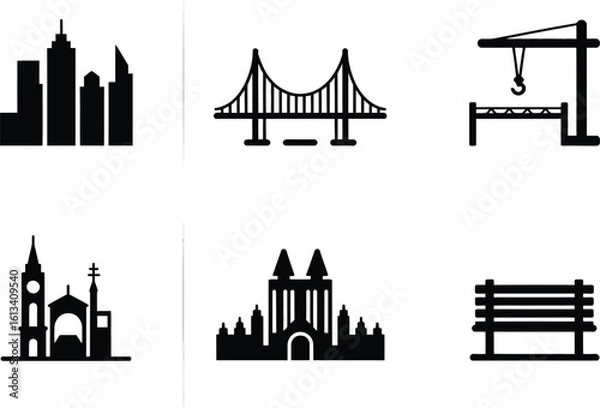 Fototapeta A collection of city infrastructure and architectural icons in black silhouette