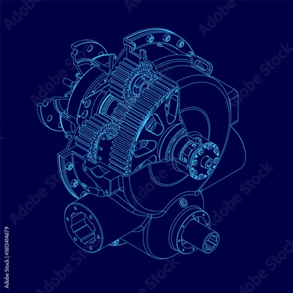 Fototapeta A detailed blueprint of a car engine with visible gearbox, pistons, and turbine components. The intricate contour lines highlight mechanical precision against a solid blue background.