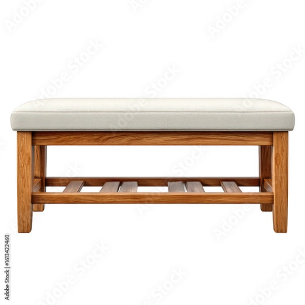 Fototapeta Stylish minimalist bench for foyer entryway in natural wood with soft cushion and open storage space underneath