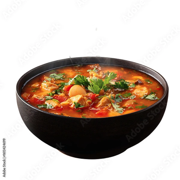 Fototapeta Delicious hot chicken noodle soup with fresh herbs in a black bowl isolated on transparent background