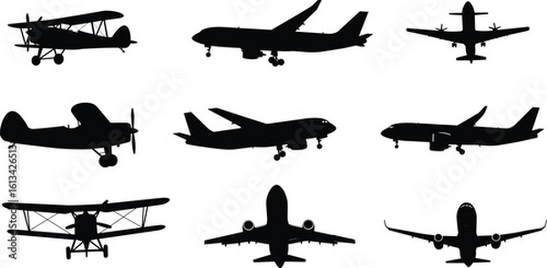 Obraz Airplane silhouette clipart set – vintage biplane, commercial jet, and propeller plane vector graphics for aviation crafts and designs