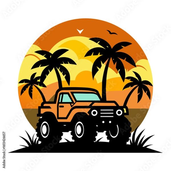 Fototapeta Sunset Monster Truck Vector Illustration for Adventure Themes