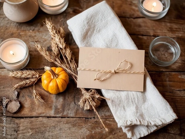 Fototapeta Autumn decor with pumpkin, candles, and rustic invitation on wooden table