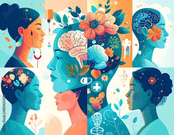 Fototapeta Artistic illustration of colorful human profiles with brains, flowers, and medical symbols integrated into vibrant head designs. Merging nature, psychology, and healthcare, the image radiates harmony