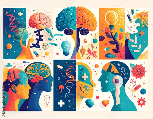 Fototapeta Abstract illustration blending neuroscience, mental health, and science symbolism. Features colorful brains, DNA strands, pills, profiles, plants, and light bulbs arranged in interconnected sections