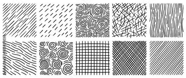 Fototapeta Abstract hand drawn crosshatch texture collection with scribbles swirls and scratch patterns