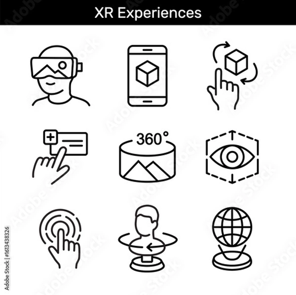 Fototapeta XR experiences outline icon set with AR, VR, 3D interaction, panoramic view, touch and eye tracking