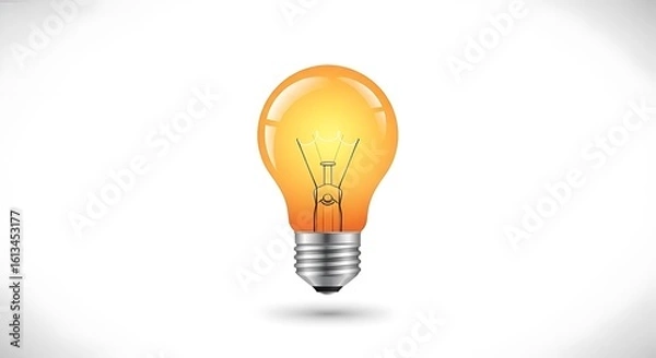 Fototapeta A bright orange light bulb with a silver base is glowing on a white background with a soft shadow