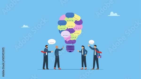 Obraz Business people discuss with lightbulb speech bubble. Effective communication, meeting discussion or conversation solution, speak or telling intelligence information, team opinion new idea.